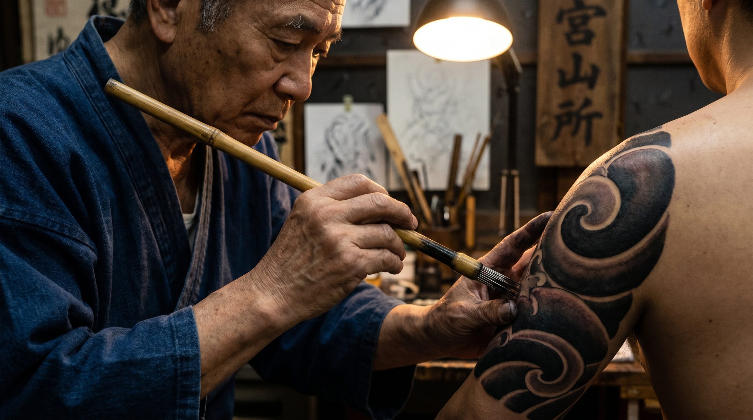 Fotografia ravvicinata in stile documentaristico di un maestro tatuatore giapponese tradizionale che esegue il Tebori con uno strumento di bambù, creando sfumature di inchiostro nero intense sulla pelle.