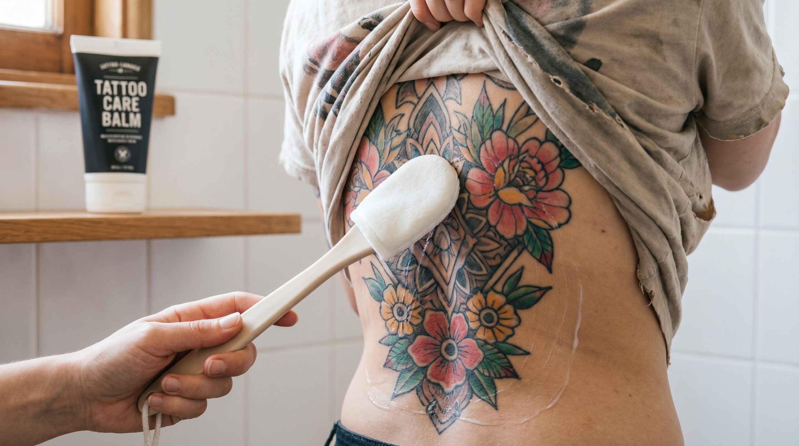 *Fotografia lifestyle ravvicinata che mostra la cura di un tatuaggio sulla schiena in fase di guarigione, con una mano che utilizza un applicatore a manico lungo per stendere delicatamente una crema protettiva su un tatuaggio grafico dettagliato nella zona centrale della schiena.*
