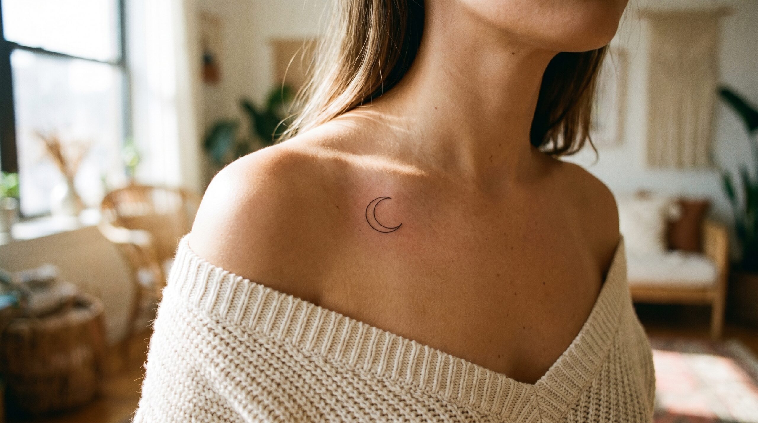 Fotografia lifestyle in primo piano di un tatuaggio minimalista “fineline” raffigurante una luna crescente, situato sulla clavicola di una donna. Il design è piccolo ed elegante, con una morbida illuminazione naturale che mette in risalto il delicato inchiostro sulla pelle.