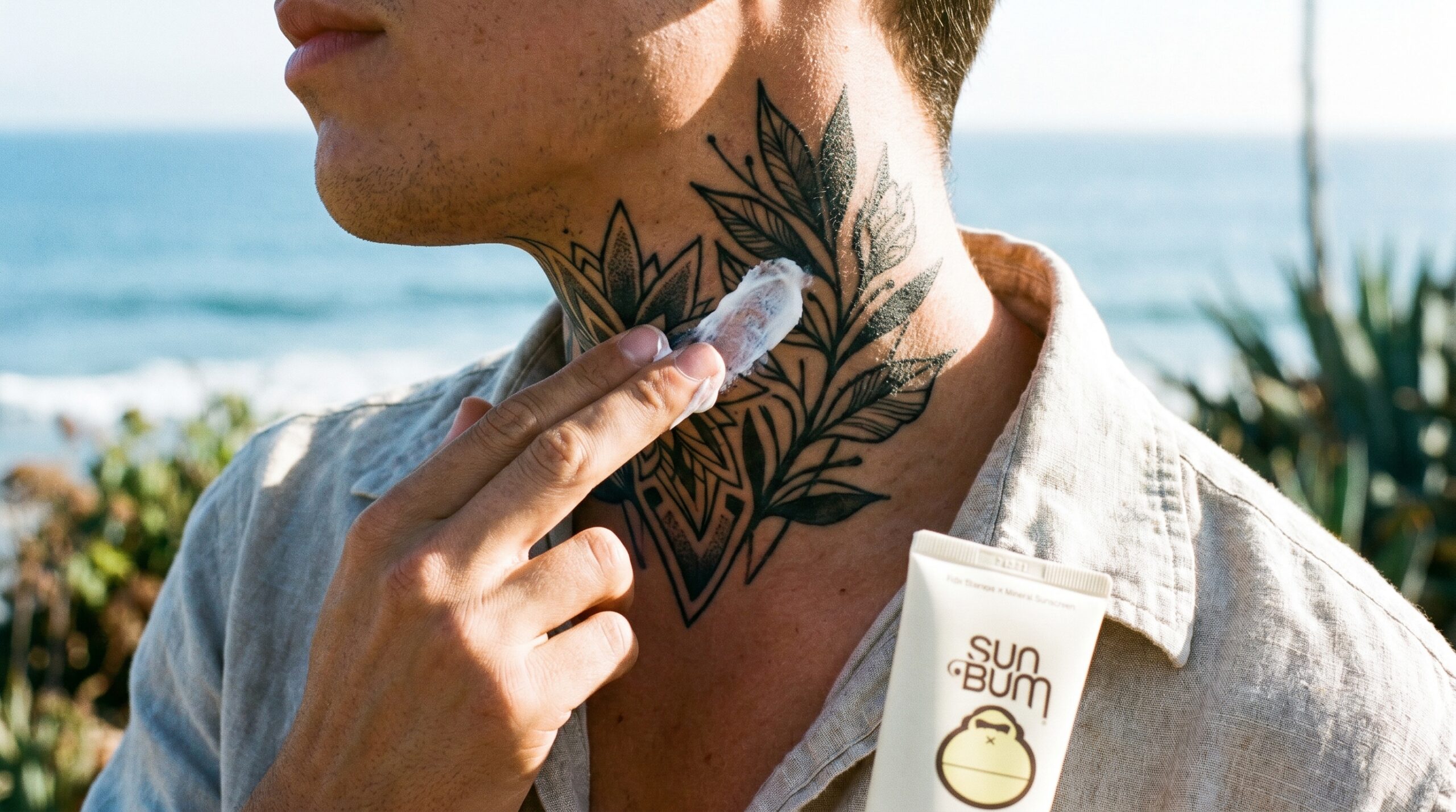 Fotografia lifestyle ravvicinata di una persona che applica una crema solare ad alta protezione (SPF 50) su un tatuaggio Blackwork completamente guarito e dai contorni nitidi situato sul collo.
