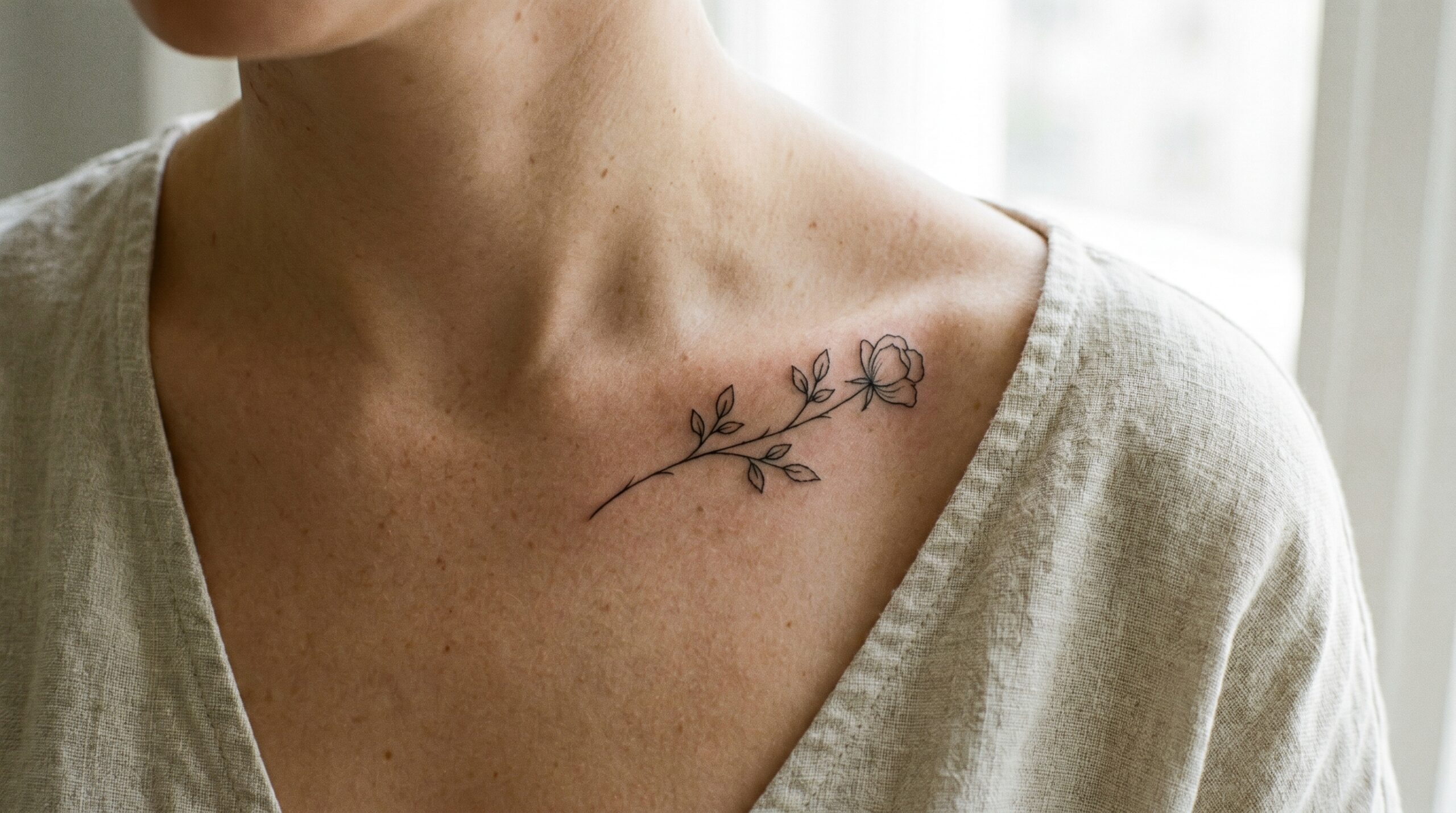 Foto lifestyle ravvicinata di un tatuaggio botanico minimalista che segue delicatamente la clavicola di una donna, con un singolo stelo di rosa selvatica fine-line, piccole foglie eleganti, senza ombreggiature né riempimenti di colore, in luce naturale.