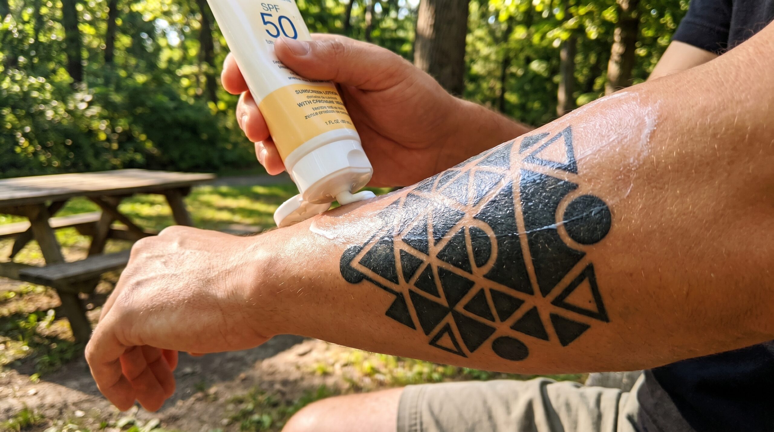 Foto lifestyle ravvicinata in un parco soleggiato di una persona che applica uno strato uniforme di crema solare ad alta protezione SPF 50 su un tatuaggio geometrico nero guarito sul braccio, con inchiostro nero intenso, pelle idratata e luce naturale brillante.