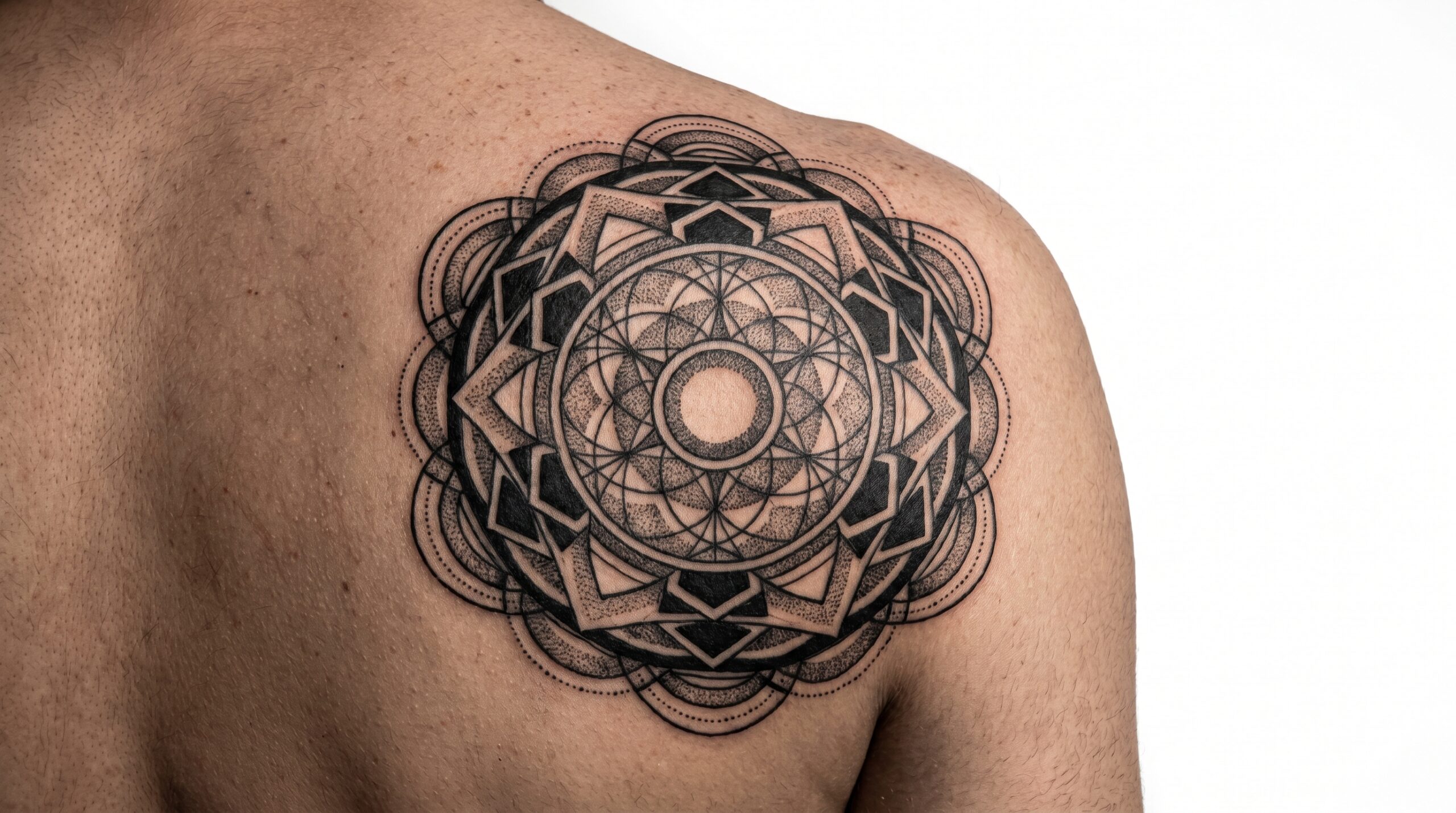 Foto ravvicinata in studio di un complesso tatuaggio geometrico Blackwork centrato sulla scapola, con un mandala di cerchi concentrici impeccabili, linee intrecciate intricate, poligoni neri intensi, esecuzione nitida e sfondo bianco.