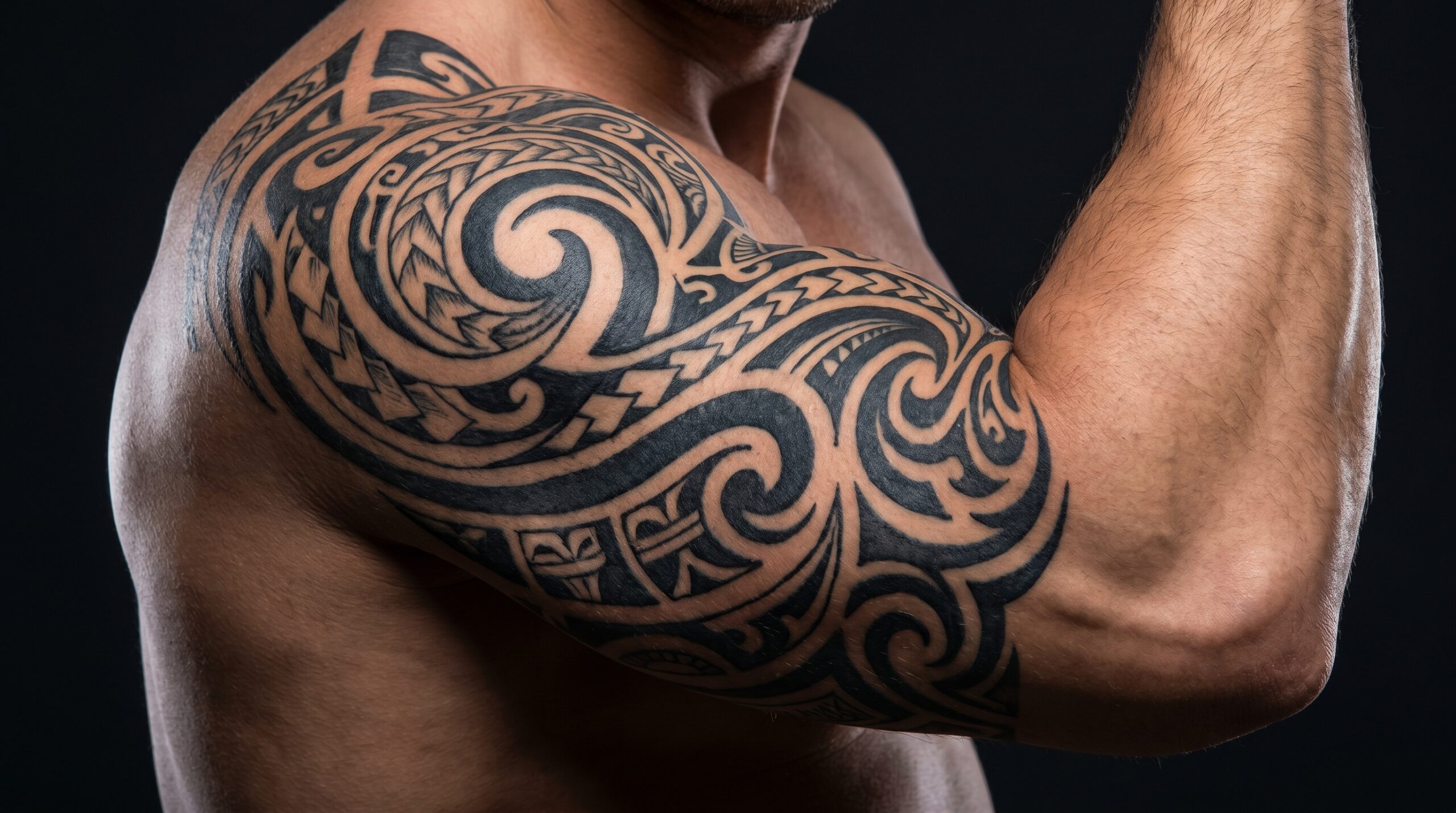 Fotografia ravvicinata in studio di un audace tatuaggio tribale nero a manica che avvolge armoniosamente il bicipite e il muscolo deltoide di un uomo, con linee dinamiche e netti canali di spazio negativo che creano un effetto armatura organico e accentuano la struttura fisica del braccio, profondità dell’inchiostro eccezionale e messa a fuoco nitida.