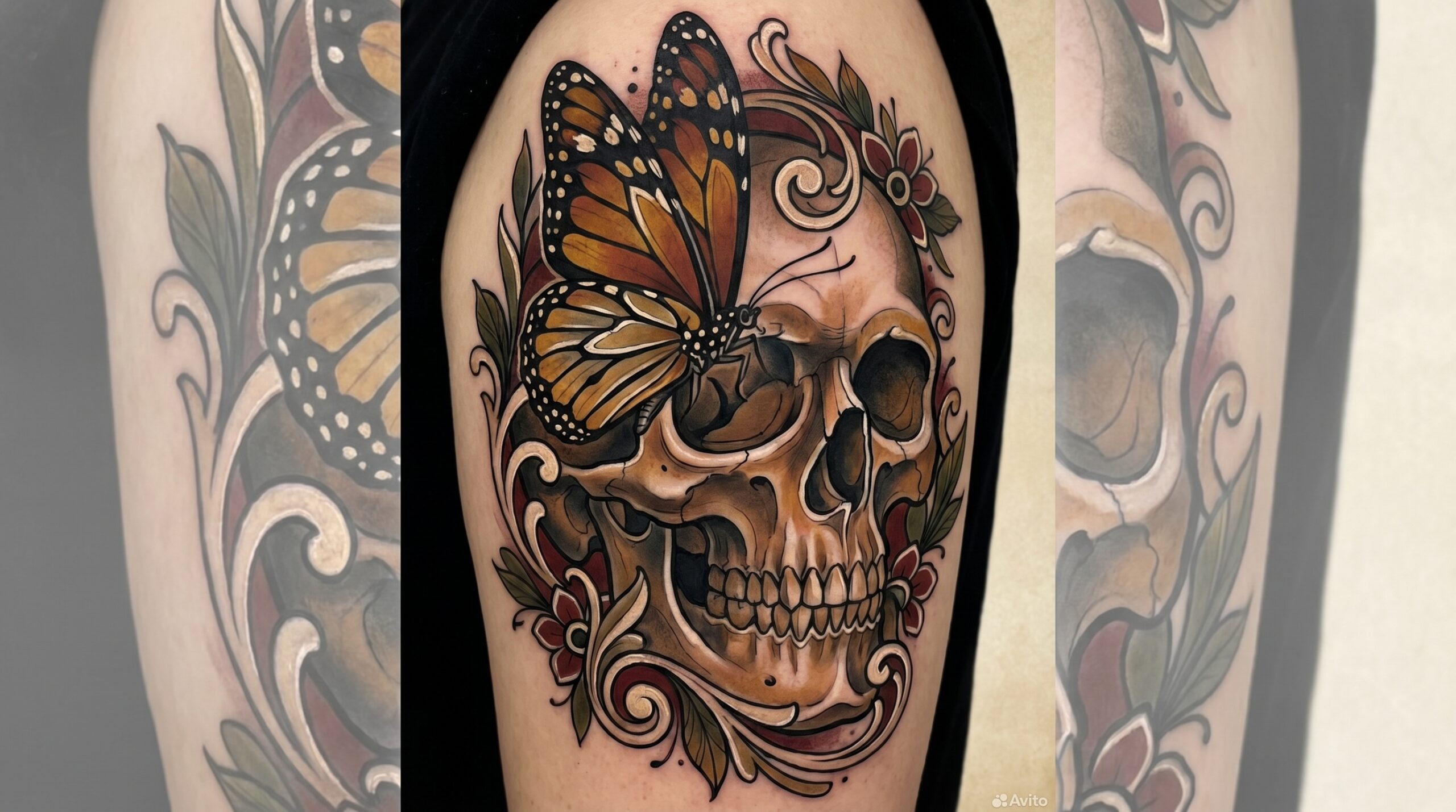 Dettagliato disegno di tatuaggio Neo-tradizionale raffigurante un teschio umano con una grande farfalla Monarca finemente decorata, posata con eleganza sopra una delle sue oscure orbite oculari. Ricca palette cromatica con tonalità calde ambrate, nero intenso e morbide sfumature crema.