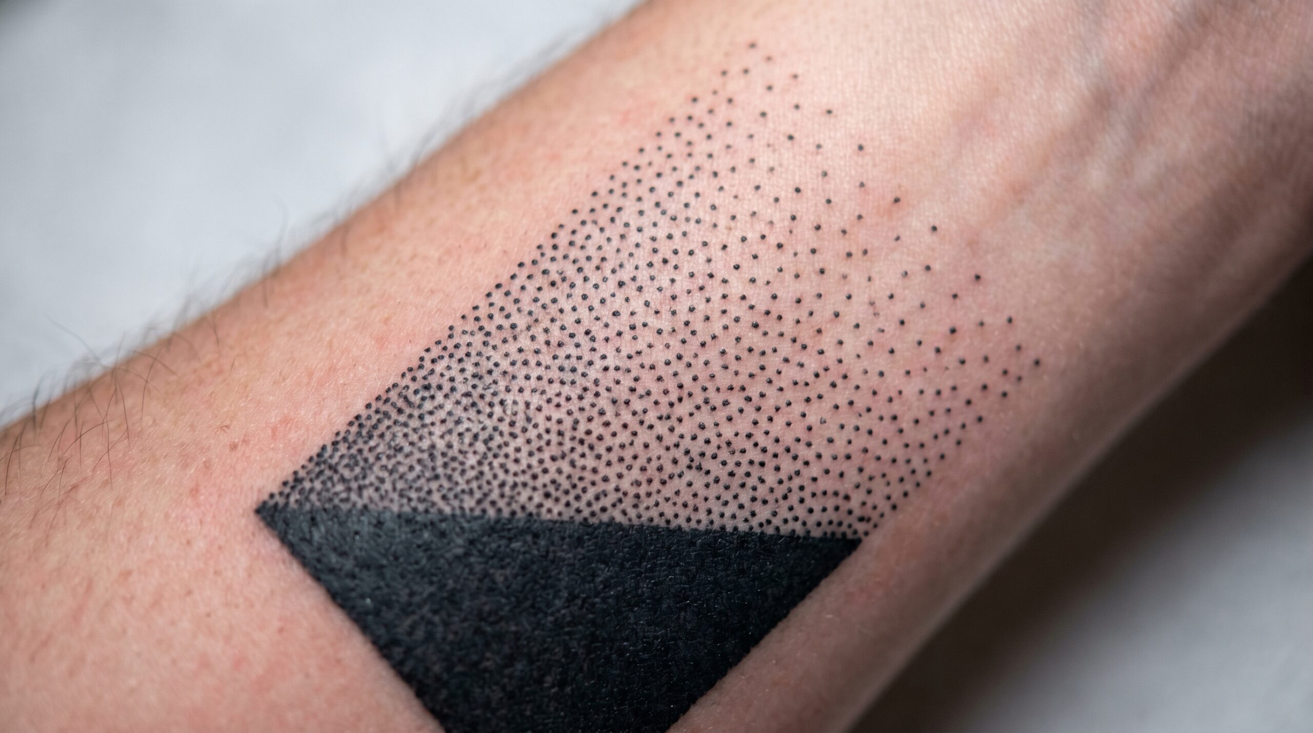 Foto macro dettagliata di un tatuaggio Dotwork sulla pelle, con gradiente geometrico che passa da un campo nero denso a migliaia di micro punti perfettamente separati, texture stippling sorprendente, alta precisione tecnica e messa a fuoco ultra nitida.