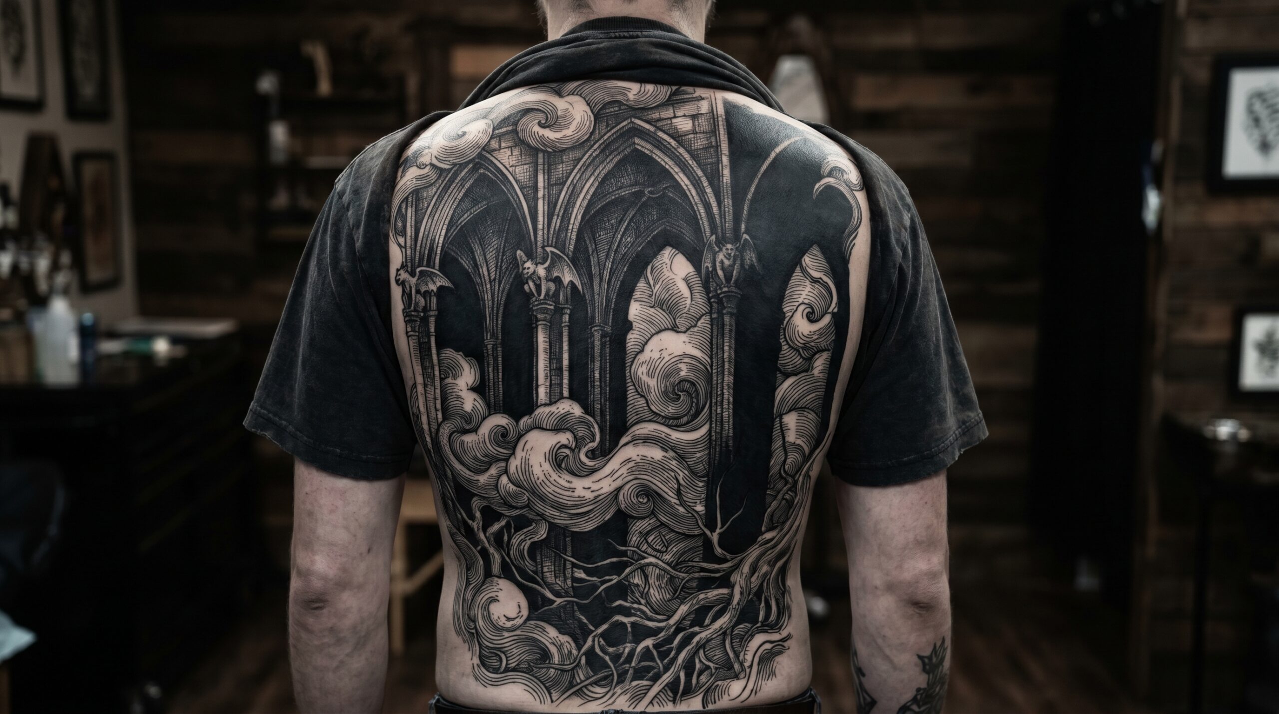 Foto della schiena intera con un imponente tatuaggio Illustrative Blackwork, composto da archi gotici scuri, texture in stile incisione e pesanti riempimenti neri che scorrono armoniosamente su spalle e parte bassa della schiena, con profondità e scala d’impatto.