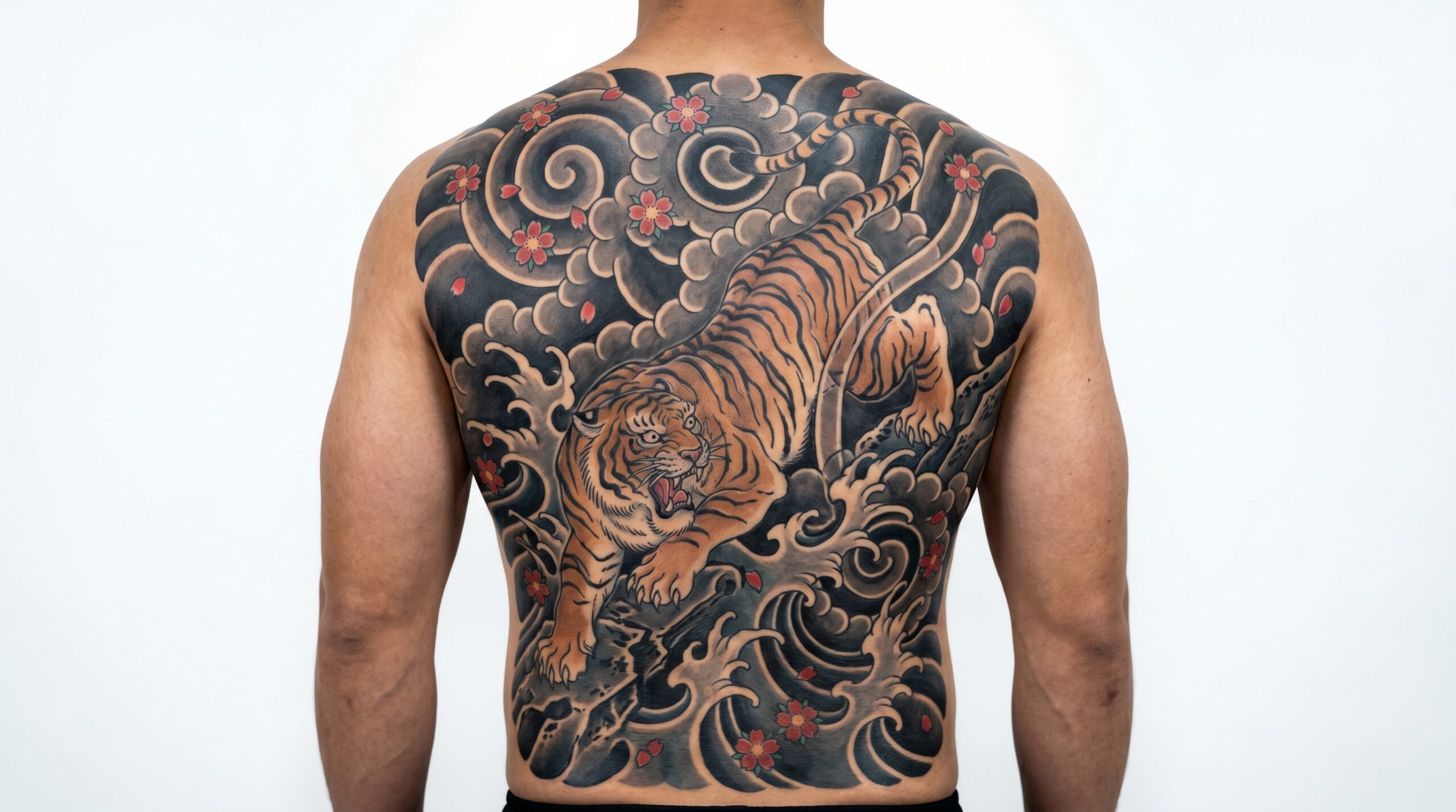 *Tatuaggio tradizionale giapponese Horimono su tutta la schiena di un uomo muscoloso, con una tigre dinamica tra nuvole grigio scuro, onde impetuose e petali rossi di ciliegio sparsi.*
