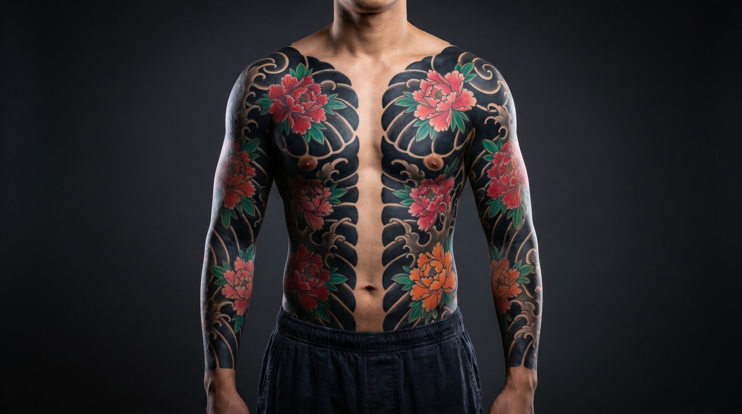 Fotografia in studio del torso di un uomo con composizione tradizionale Munewari, con petto e maniche ricoperti da onde nere, barre di vento e peonie vivaci, lasciando una striscia verticale centrale non tatuata su petto e addome.