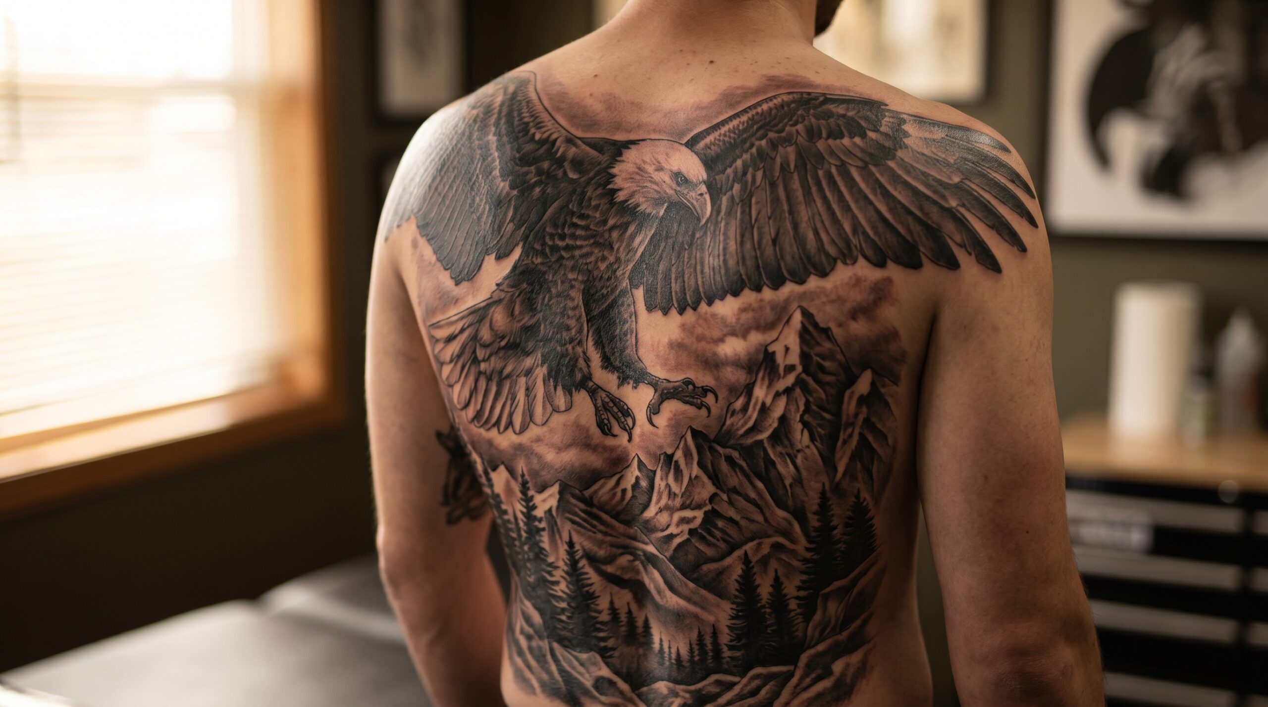 Fotografia artistica professionale di un tatuaggio a copertura completa della schiena. Il design raffigura una massiccia aquila con le ali completamente estese da spalla a spalla, mentre si lancia in picchiata sopra un paesaggio montuoso aspro e dettagliato.