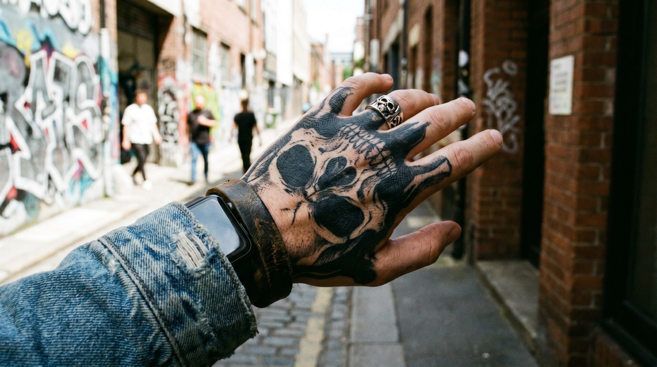 Fotografia lifestyle professionale incentrata sulla mano di una persona, che mette in risalto un audace tatuaggio Blackwork raffigurante un teschio, perfettamente adattato al dorso della mano e alle nocche.