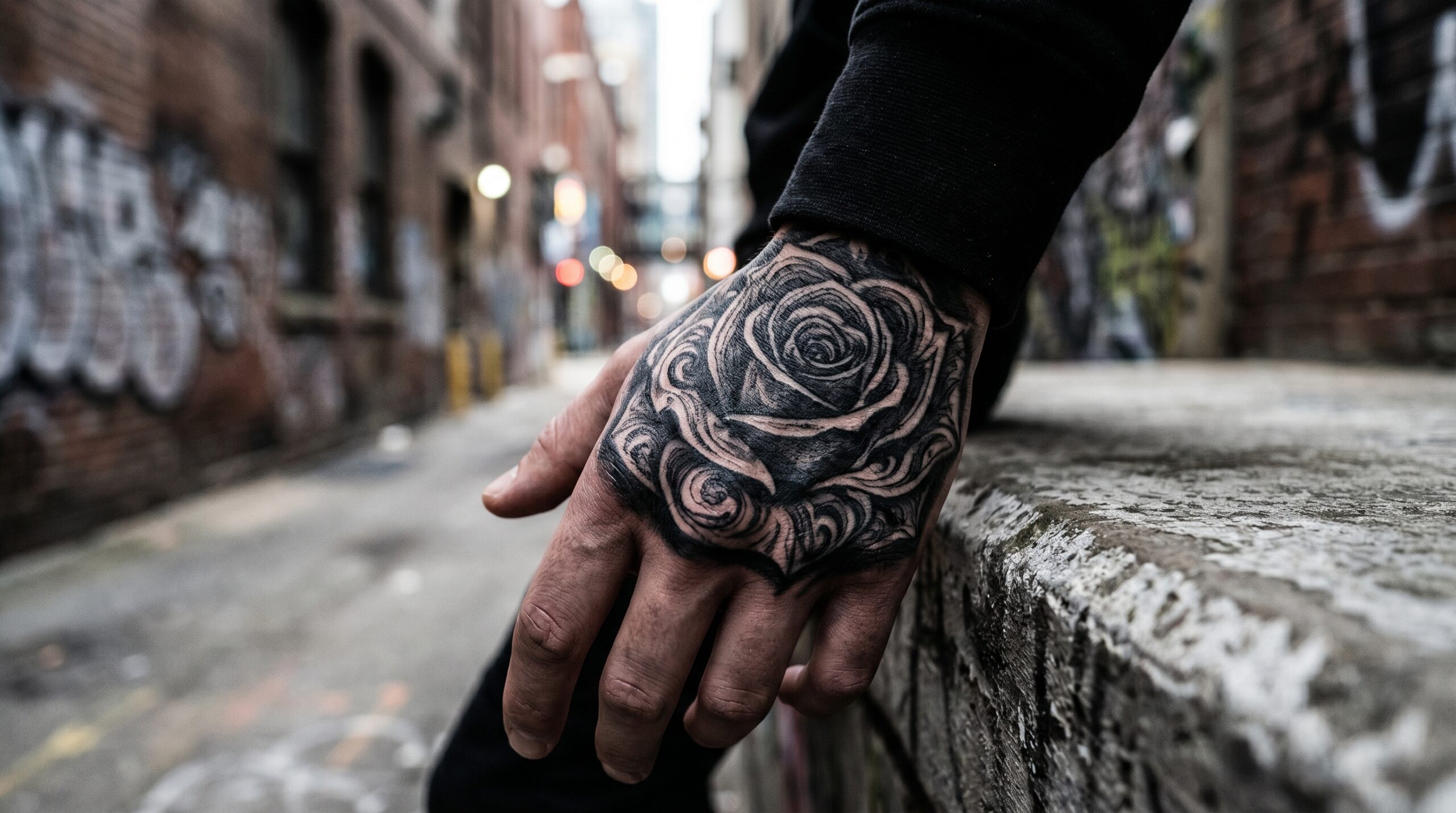 Fotografia professionale di una mano con un grande tatuaggio blackwork raffigurante una rosa che copre interamente il dorso della mano. I petali seguono perfettamente la linea delle nocche, creando un effetto armonioso e dettagliato.