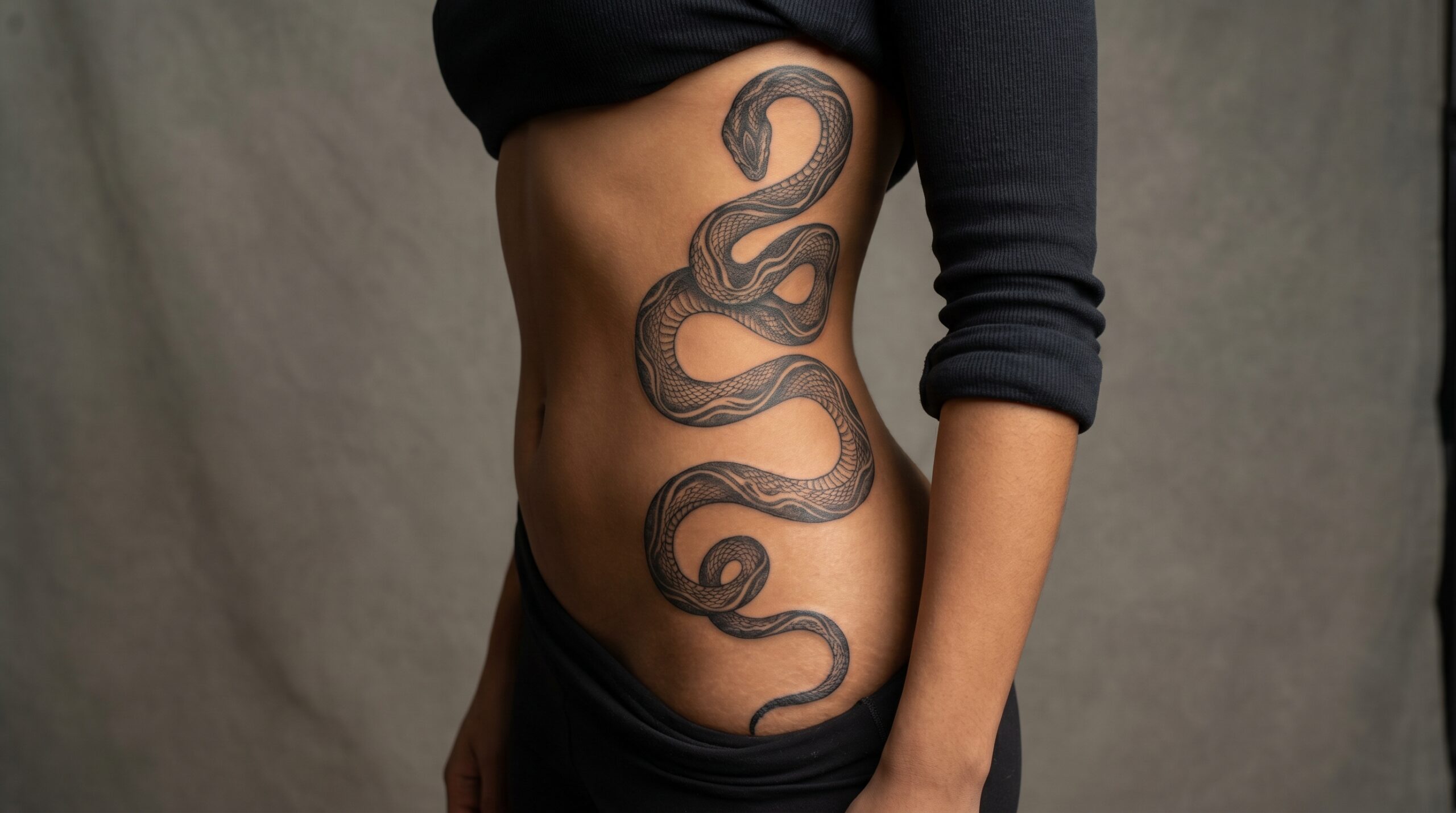 "Fotografia professionale in studio di profilo che mostra un grande tatuaggio di serpente che si sviluppa verticalmente lungo le costole e il fianco del corpo. Il design segue perfettamente le linee naturali della silhouette, con dettagli ad alta definizione delle squame, illuminazione morbida ed elegante stile artistico dal forte impatto visivo."