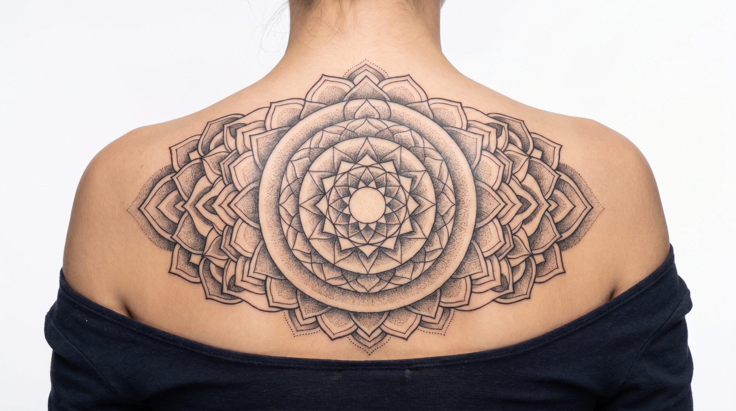 *Tatuaggio mandala di geometria sacra sulla parte superiore della schiena di una donna, linee intricate e sfumature dotwork simmetriche tra le scapole, fotografato in studio su sfondo bianco pulito.*
