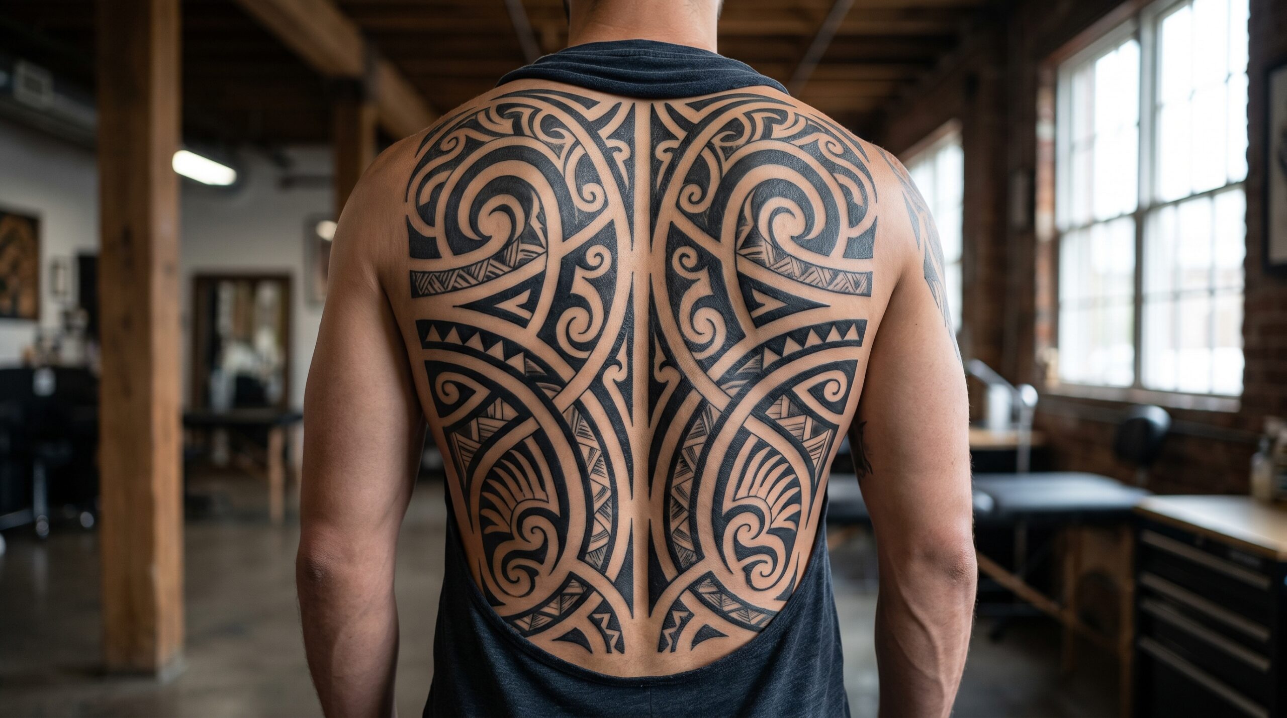 Fotografia d’impatto di una composizione tatuata a tutta schiena in stile neo-tribale, con un’opera simmetrica composta da ampi archi neri, audaci linee astratte e motivi geometrici netti che incorniciano elegantemente la colonna vertebrale e la parte bassa della schiena, scala grafica monumentale ed esecuzione impeccabile.
