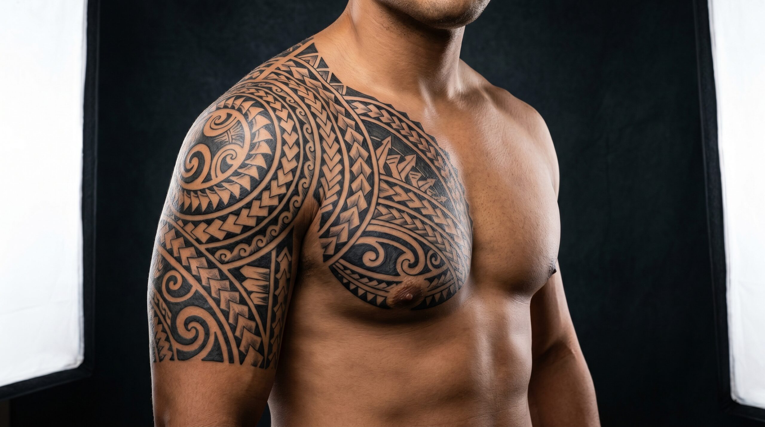 Fotografia in studio di un moderno tatuaggio neo-tribale polinesiano che copre la spalla e il pannello pettorale di un uomo, con motivi audaci neri di denti di squalo, onde oceaniche e punte di lancia stilizzate adattati ai contorni muscolari naturali.