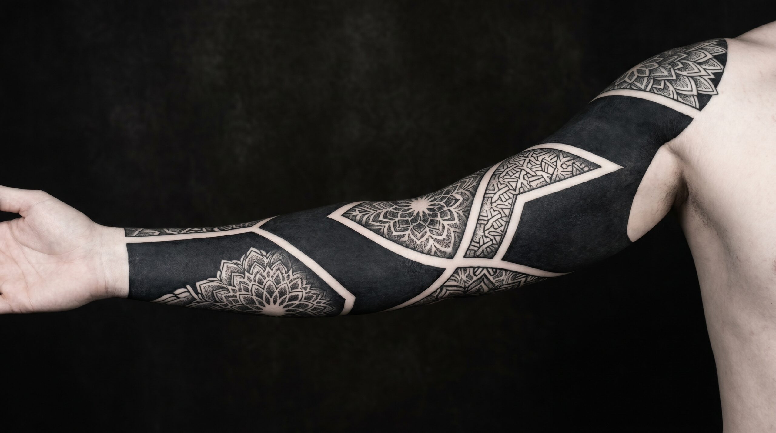 Foto in studio di un drammatico tatuaggio Blackwork full-sleeve su un braccio, con ampie sezioni blackout solide, motivi geometrici sacri ultra precisi, bande di spazio negativo nitide, inchiostro nero intenso e illuminazione professionale.