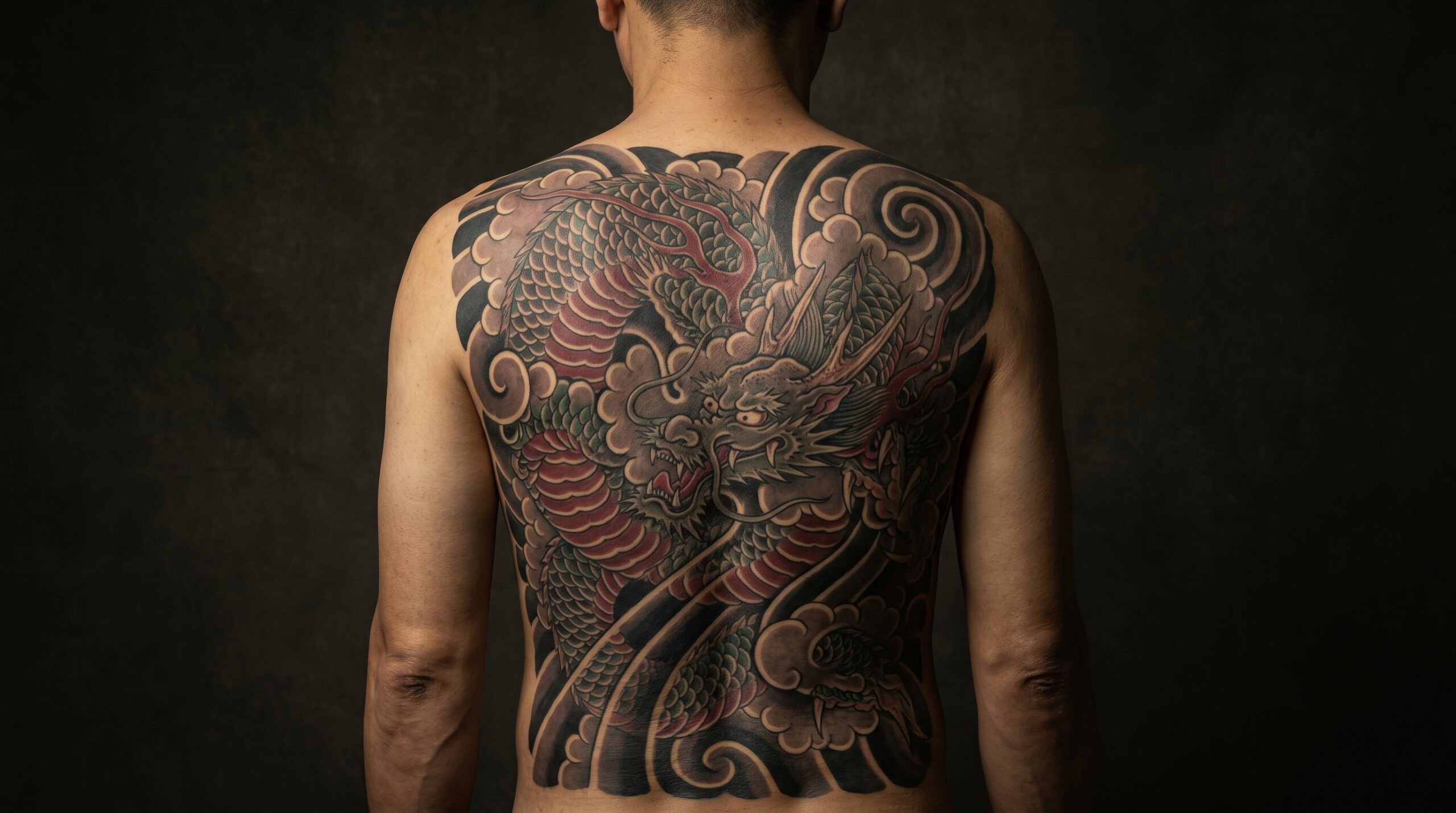 Fotografia in studio di un grande tatuaggio Irezumi giapponese sulla schiena, con un drago dettagliato che si intreccia tra barre di vento nere e nuvole tempestose, in tonalità rosso cremisi e verde giada.