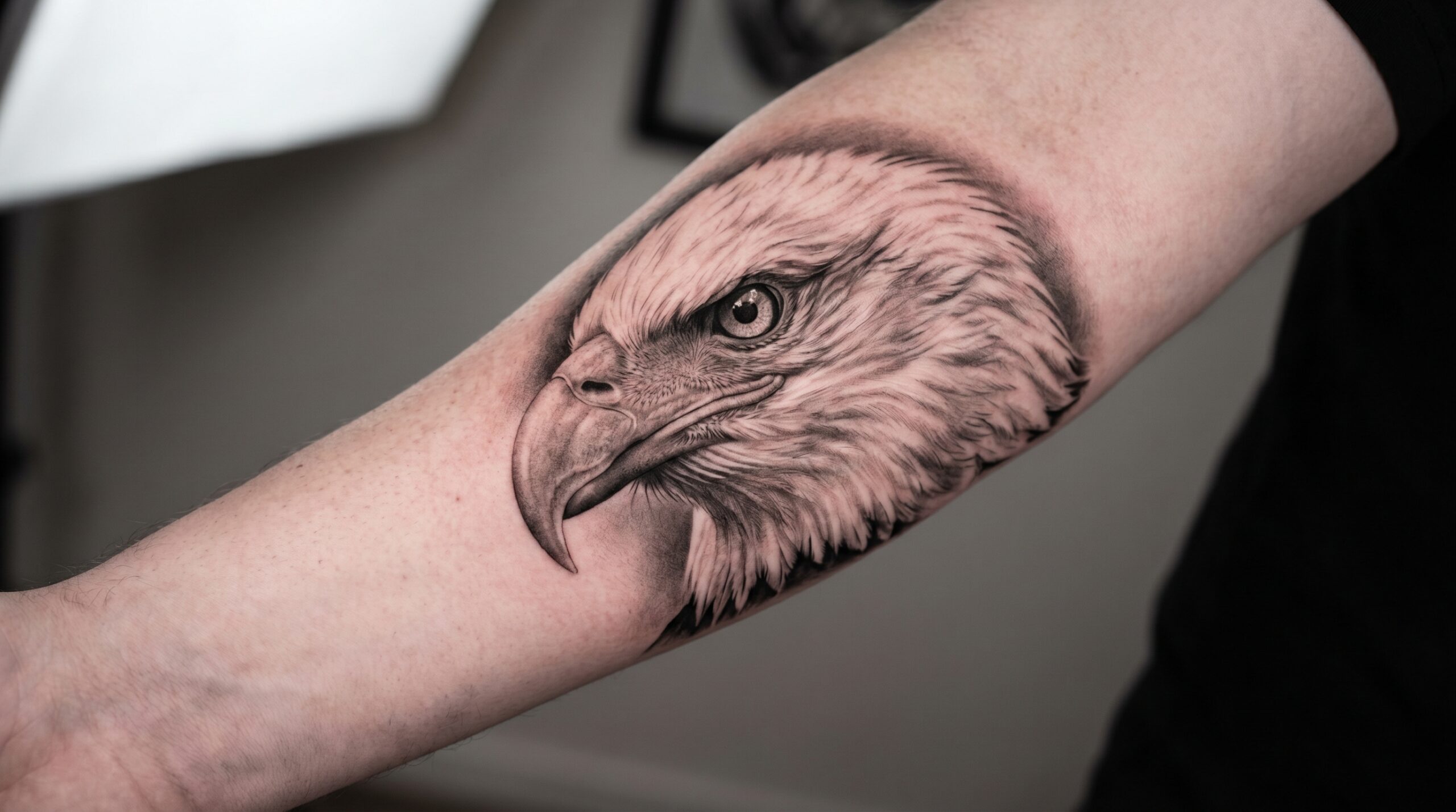 Splendido ritratto tatuato iperrealistico in bianco e nero del volto di un’aquila calva. Eccezionale livello di dettaglio sulle morbide piume bianche della testa, sulla texture coriacea del becco ricurvo e sull’occhio realistico e intensamente focalizzato che riflette la luce.