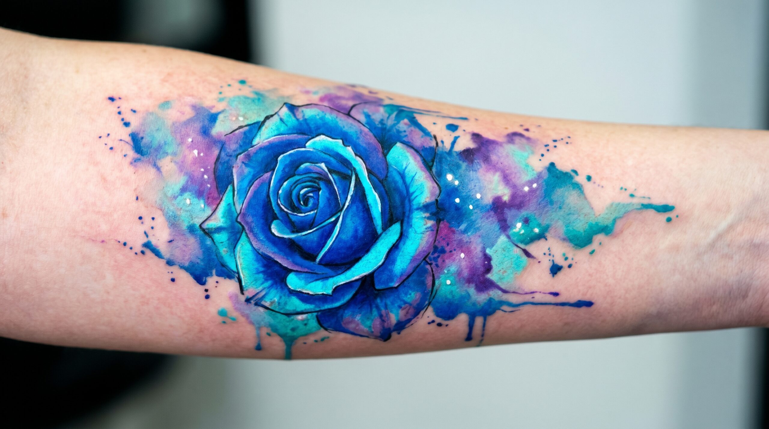 Tatuaggio ad acquerello vibrante raffigurante una rosa blu, con il centro in blu cobalto intenso che sfuma in ciano elettrico lungo i bordi dei petali. Schizzi artistici di inchiostro blu e viola si diffondono intorno al fiore, creando un effetto sognante e onirico. Stile artistico ad alta risoluzione.