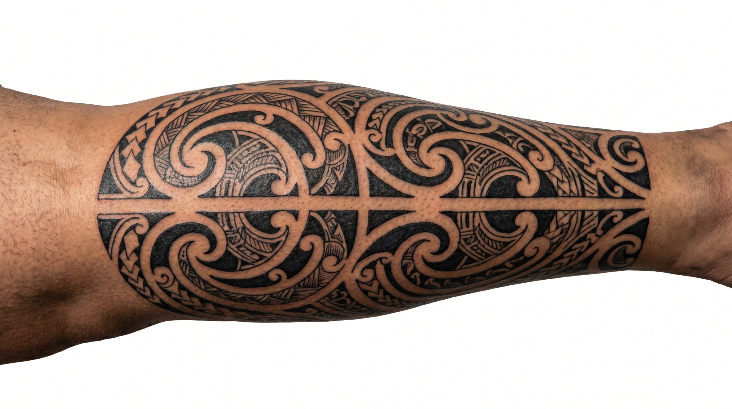 Tatuaggio in stile Māori Kirituhi autentico che scende lungo il muscolo del polpaccio, con spirali koru curve e definite, linee uniformi e dense campiture geometriche nere che richiamano l’estetica tradizionale dell’intaglio del legno, pigmento nero nitido su sfondo bianco uniforme.