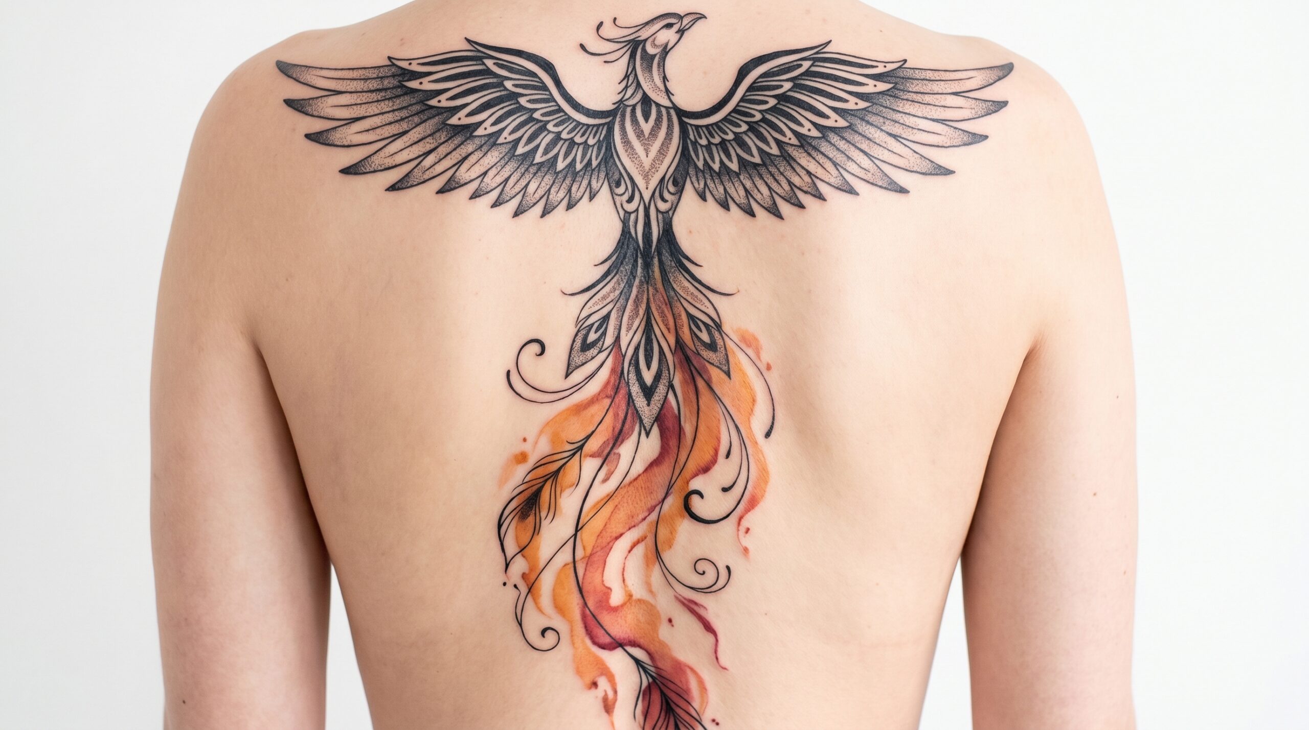 *Tatuaggio elegante stile Blackwork e acquerello raffigurante una maestosa fenice sulla schiena di una donna, con ali dettagliate che si estendono sulle scapole e piume della coda fluide lungo la colonna vertebrale.*
