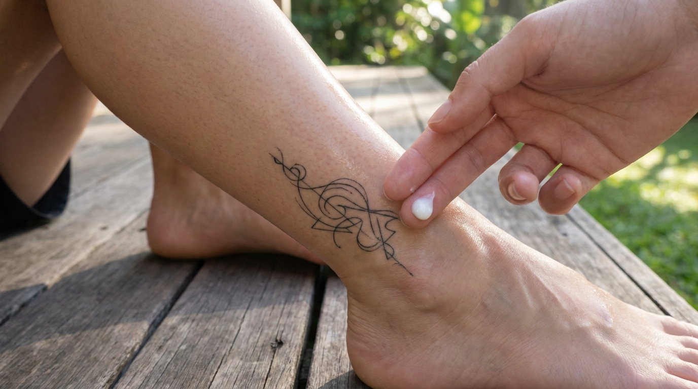 Foto lifestyle ravvicinata all’aperto di una persona che applica con cura una goccia di crema solare su un tatuaggio astratto fine-line guarito alla caviglia, con morbida luce naturale del mattino, cura preventiva del tatuaggio e idratazione della pelle.
