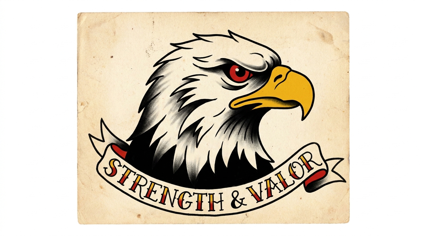 Autentico disegno di tatuaggio Old School American Traditional raffigurante la testa di un’aquila calva in profilo, con un’espressione feroce e determinata. Presenta spessi contorni neri, marcate sfumature nere e una saturazione intensa di rosso primario e giallo sul becco e sugli accenti del banner circostante.