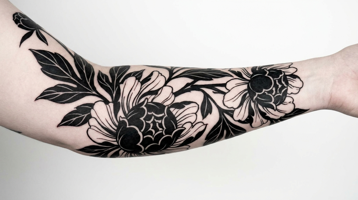 Disegno di tatuaggio in stile Blackwork con grandi foglie botaniche illustrative e fiori di peonia che risalgono l’avambraccio, petali con riempimenti neri solidi, bordi di pelle non tatuata ben definiti, estetica grafica audace e sfondo bianco.