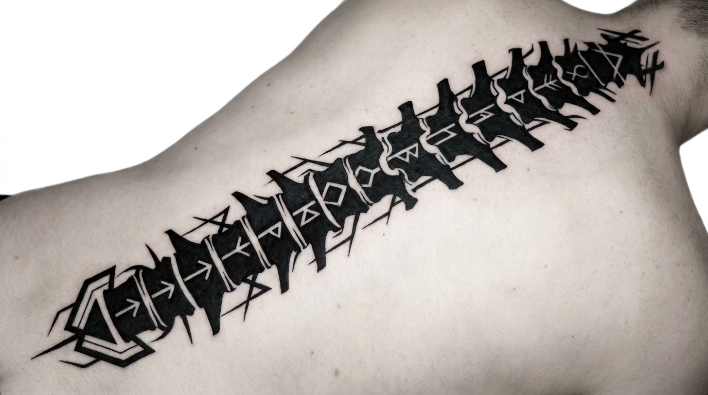 *Tatuaggio illustrativo Blackwork moderno lungo la colonna vertebrale, con strutture astratte affilate e glifi runici scuri posizionati con precisione sulle vertebre.*
