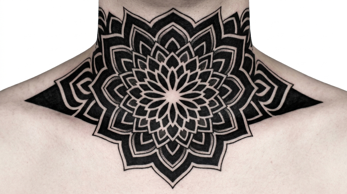 Suggestivo disegno di tatuaggio Blackwork perfettamente simmetrico, centrato interamente sulla parte anteriore della gola. Il design utilizza audaci motivi ornamentali e mandala geometrici scuri che si espandono simmetricamente verso le clavicole.
