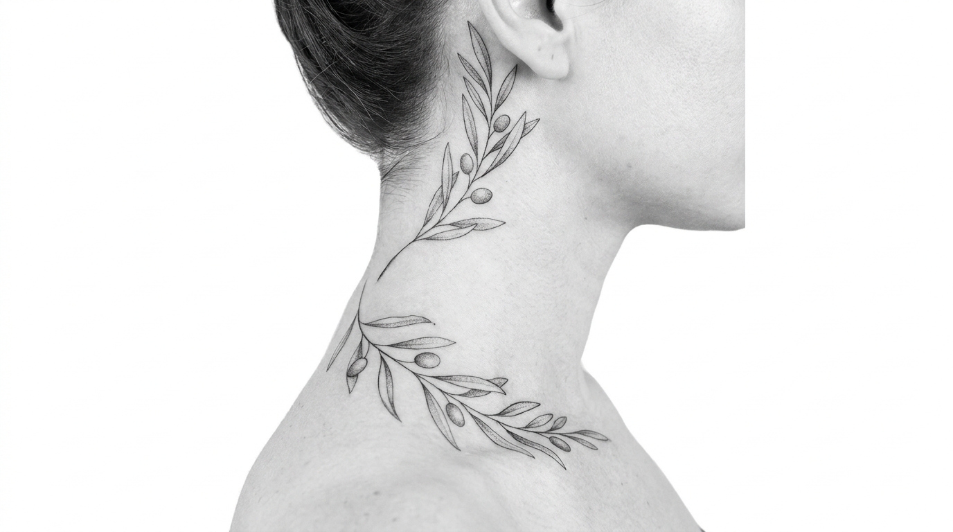 Delicato tatuaggio botanico fineline composto da un sottile ed elegante ramo di foglie d’ulivo selvatico che si avvolge con grazia lungo il lato del collo di una donna, partendo dalla linea della spalla fino a dietro l’orecchio.
