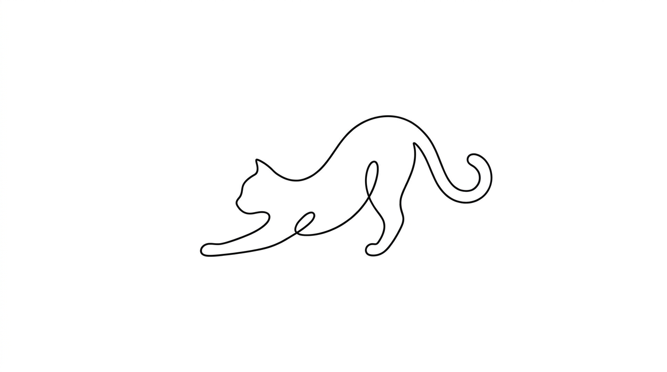 Disegno di tatuaggio minimalista in linea continua che raffigura la silhouette astratta di un gatto che si stiracchia, con linework uniforme single-needle, spazio negativo pulito e sfondo bianco.