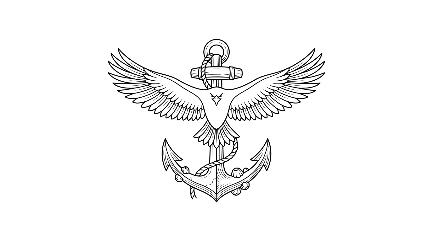Composizione di tatuaggio Linework pulita che fonde la silhouette minimalista di un’aquila in pieno volo, librata con grazia sopra una pesante ancora navale rustica.