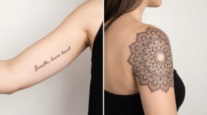 Una composizione divisa che mostra due diversi tatuaggi femminili sul braccio: a sinistra, una delicata citazione in corsivo sulla parte interna dell'avambraccio; a destra, un dettagliato disegno di mandala sulla spalla e sulla parte superiore del braccio.