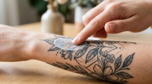 Un primo piano di un dito che stende delicatamente una crema bianca leggera su un avambraccio con un tatuaggio in inchiostro nero. La crema è parzialmente assorbita, lasciando un finish opaco sulla pelle, senza alcuna lucentezza oleosa. Le linee del tatuaggio sono nitide e definite attraverso il prodotto.