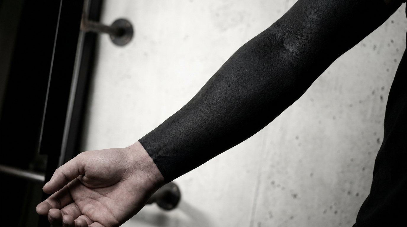 Foto in studio di un avambraccio interamente coperto da un tatuaggio Blackout nero intenso, con saturazione uniforme senza striature, linea geometrica netta al polso, estetica moderna minimalista underground e alto contrasto.