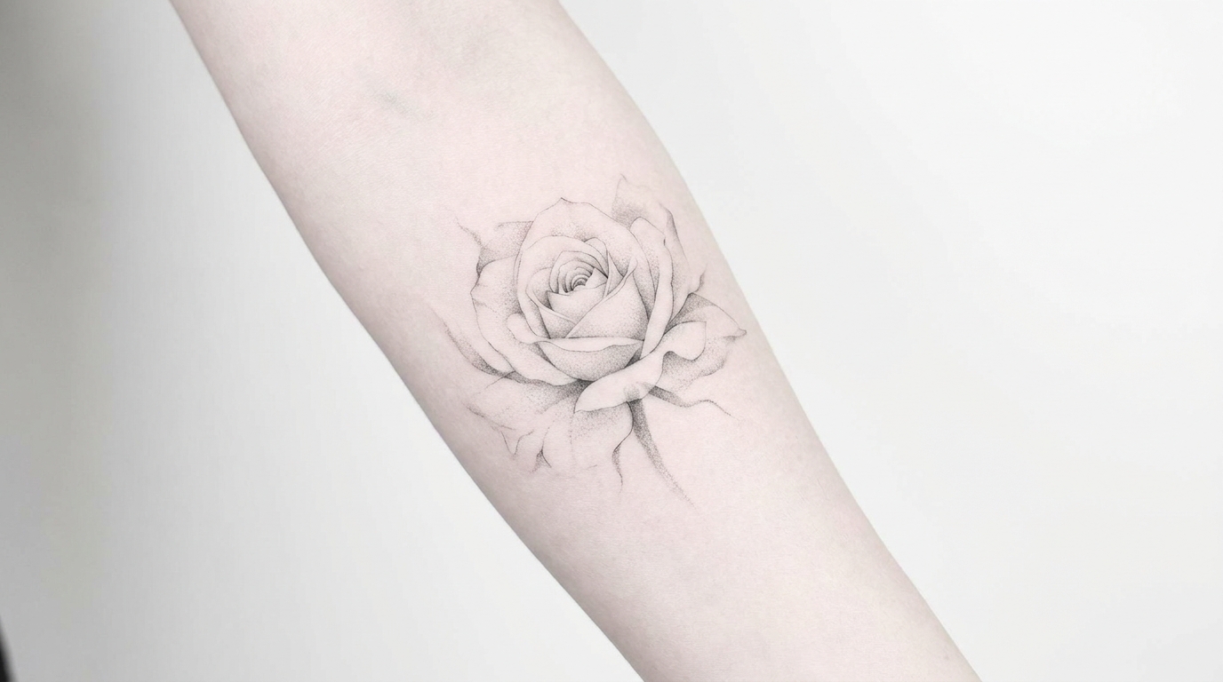 Tatuaggio delicato in greywash a linea fine raffigurante una rosa bianca in piena fioritura, con sfumature morbide e fluide che creano un aspetto etereo e spirituale. Estetica minimalista, focalizzata su grazia e purezza, isolata su uno sfondo bianco pulito.