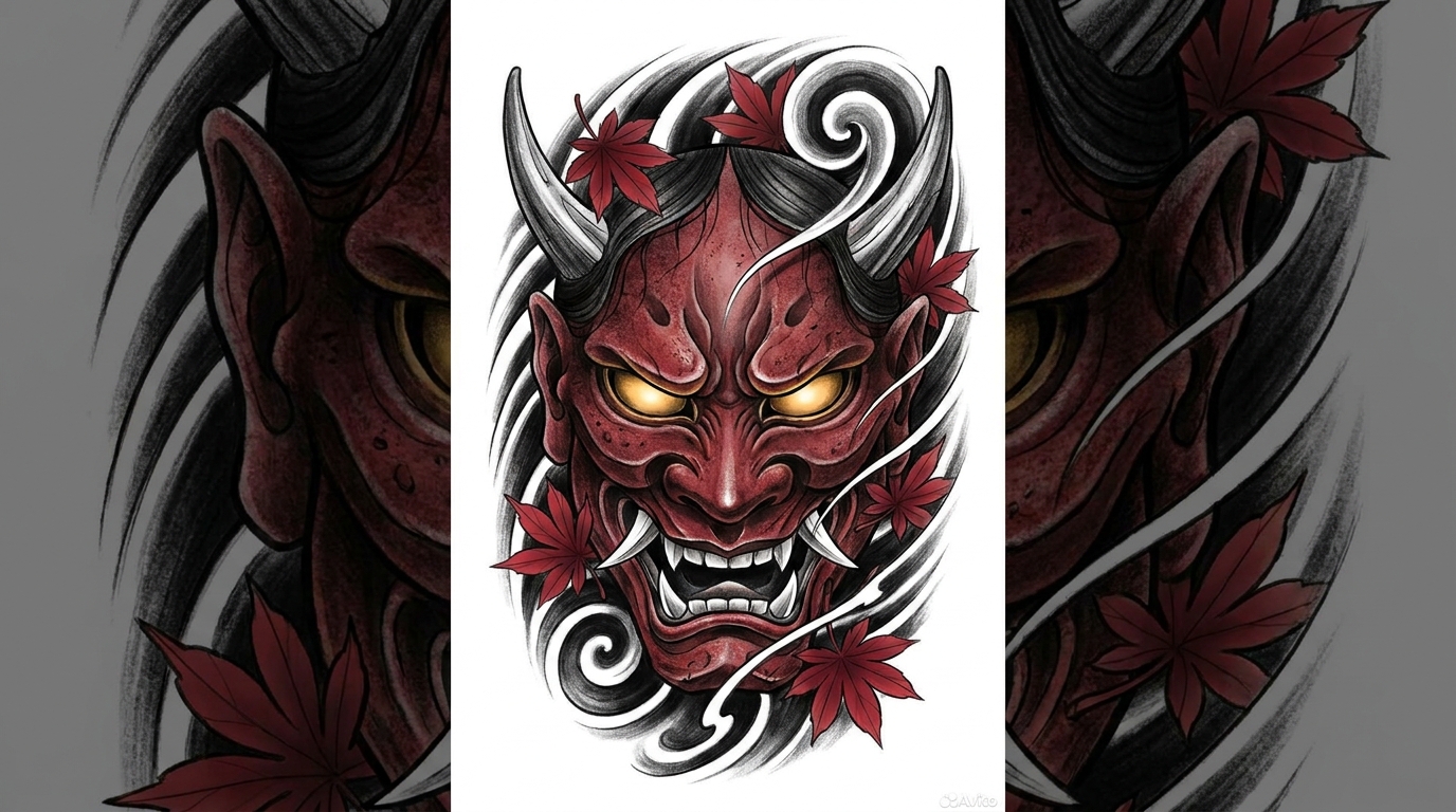 Disegno di tatuaggio giapponese con una drammatica maschera Hannya, caratterizzata da occhi dorati feroci, zanne bianche affilate e texture rosso intenso, circondata da vortici di vento neri e foglie d’acero su sfondo bianco.