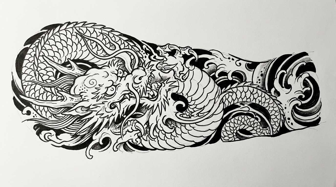 Disegno di tatuaggio in stile Irezumi classico con un drago giapponese che avvolge dinamicamente una manica del braccio, emergendo dalle onde, con squame dettagliate, artigli affilati e linee calligrafiche nere tradizionali.