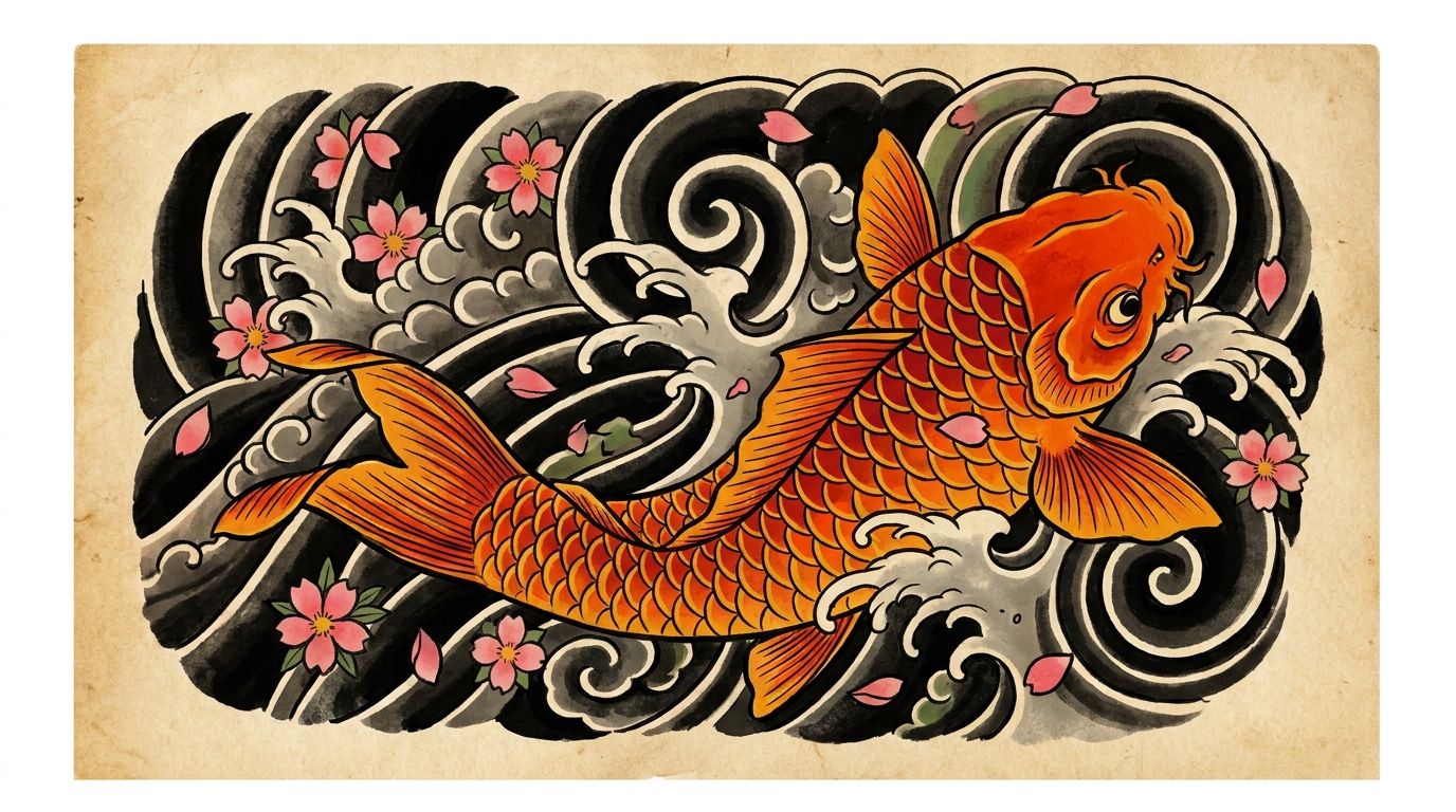 Disegno di tatuaggio in autentico stile giapponese con una vivace carpa koi arancione che nuota con forza verso l’alto contro correnti e onde nere stilizzate, arricchita da delicati fiori di ciliegio rosa su sfondo bianco.
