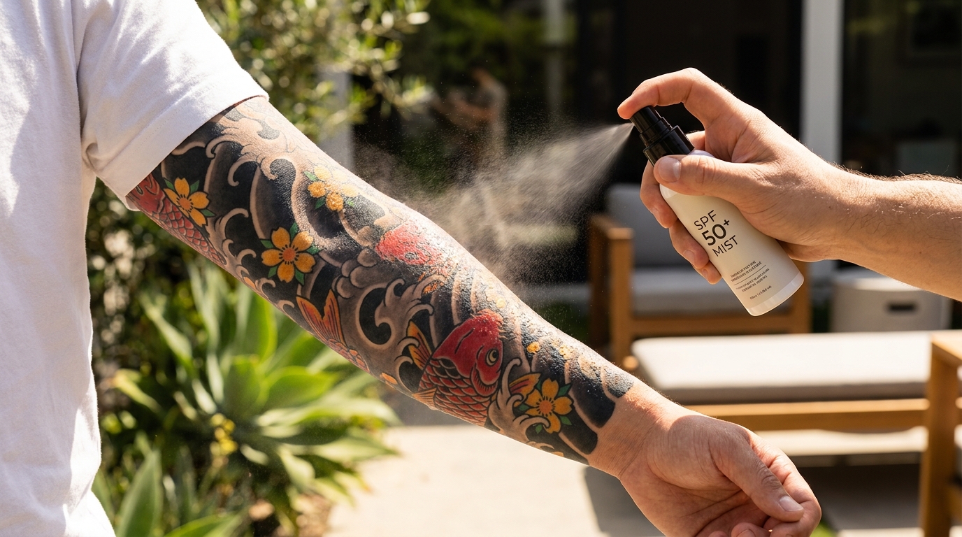 Fotografia ravvicinata all’aperto di una persona che spruzza una crema solare ad alta protezione su un tatuaggio giapponese guarito e colorato, con il sole che illumina onde nere nitide e dettagli rossi e gialli vivaci.