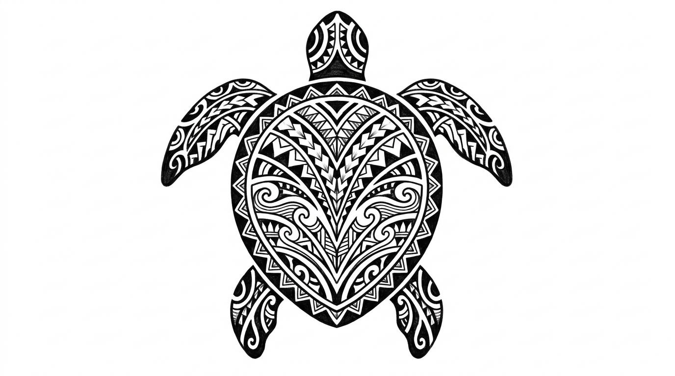 Disegno tradizionale di tatuaggio polinesiano marchesiano che forma la silhouette stilizzata di una tartaruga marina, con il guscio interno composto da intricati simboli geometrici, motivi triangolari a denti di squalo e linee di onde oceaniche, contorni neri pieni e design simmetrico pulito su sfondo bianco uniforme.