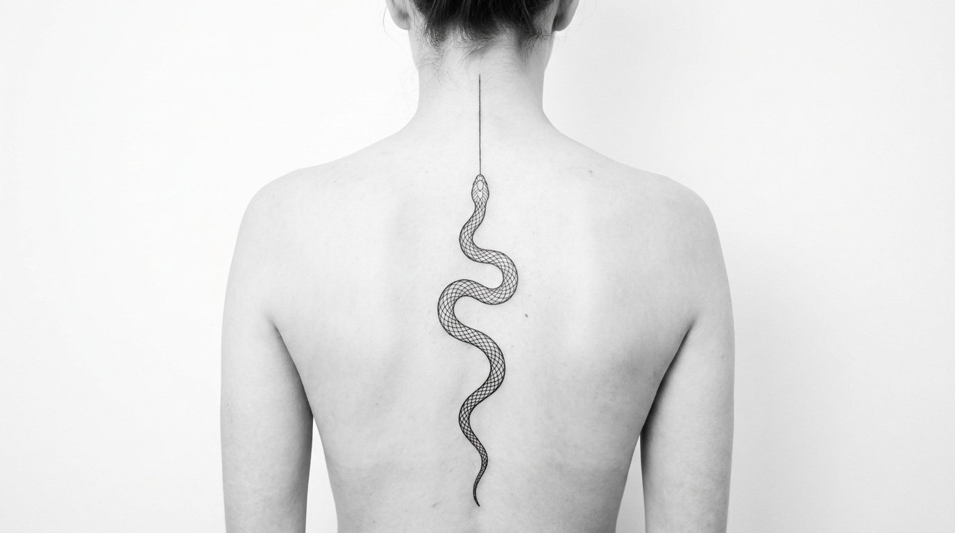 *Tatuaggio fine-line di un lungo serpente elegante che si snoda verticalmente lungo la colonna vertebrale dal collo alla parte bassa della schiena, con inchiostro nero minimalista e micro-sfumature dettagliate sulle squame.*
