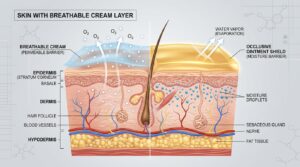 Illustrazione medica 3D stilizzata e didattica degli strati della pelle. Da un lato, una sottile nebbiolina blu rappresenta uno strato di crema traspirante che permette il passaggio delle molecole d'aria (piccoli puntini). Dall'altro lato, uno scudo dorato solido rappresenta un unguento occlusivo che trattiene l'umidità nel derma. Estetica professionale, pulita e scientifica.