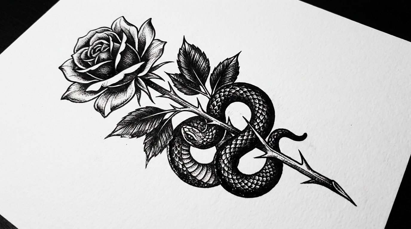 "Design di tatuaggio blackwork raffigurante un elegante serpente intrecciato strettamente attorno al gambo e ai petali di una rosa scura completamente sbocciata. Ombreggiature ad alto contrasto, spine affilate e texture d’inchiostro lucide creano una composizione drammatica e poetica che rappresenta l’equilibrio tra pericolo e bellezza, su sfondo bianco pulito."