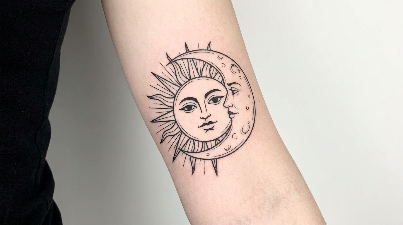 Sofisticato disegno di tatuaggio Linework in cui un sole e una luna crescente si fondono in un unico emblema circolare. Una metà del cerchio presenta raggi solari radiosi e un audace volto del sole, mentre l’altra metà mostra i crateri della luna e un tranquillo profilo lunare.