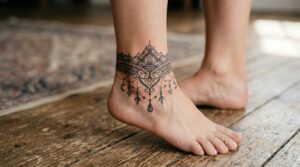 Una fotografia ravvicinata di un tatuaggio a forma di cavigliera che avvolge completamente la caviglia. Il disegno è un sofisticato motivo ornamentale con piccoli dettagli pendenti.