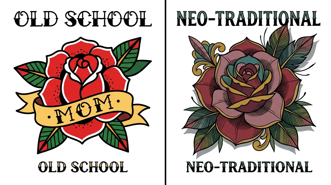 "Illustrazione comparativa di tatuaggi a confronto con rosa Old School dai contorni spessi e colori semplici a sinistra, e rosa Neo-Traditional con dettagli elaborati e tonalità gioiello a destra, su sfondo bianco."