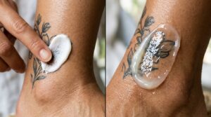 Confronto di texture (vista macro). Una macrofotografia a schermo diviso. A sinistra, una piccola quantità di crema per tatuaggi, di colore bianco chiaro, applicata su un tatuaggio alla caviglia. A destra, un unguento protettivo denso e lucido. L'attenzione è focalizzata sull'idratazione della pelle e sul contrasto tra le due texture, sotto un'illuminazione professionale.